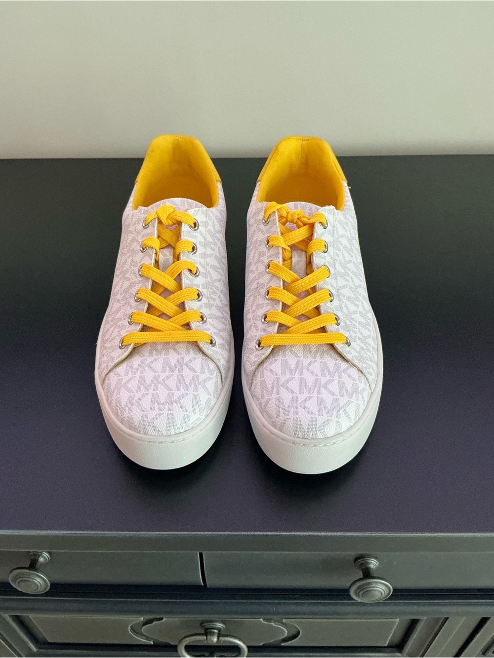 Michael Kors Poppy Lace up White Sneakers with Yellow/Citrus Laces and Lining